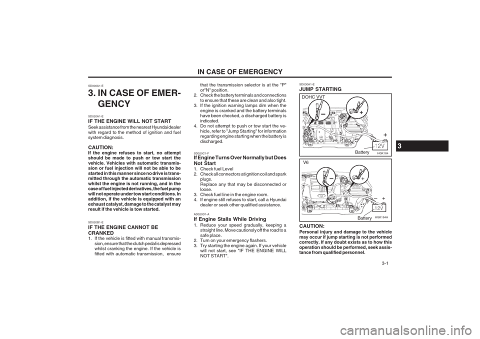 Hyundai Coupe 2002 Owners Manual 3-1
IN CASE OF EMERGENCY
that the transmission selector is at the "P" or"N" position.
2. Check the battery terminals and connections
to ensure that these are clean and also tight.
3. If the ignition Hyundai Coupe 2002 Owners Manual 3-1
IN CASE OF EMERGENCY
that the transmission selector is at the "P" or"N" position.
2. Check the battery terminals and connections
to ensure that these are clean and also tight.
3. If the ignition