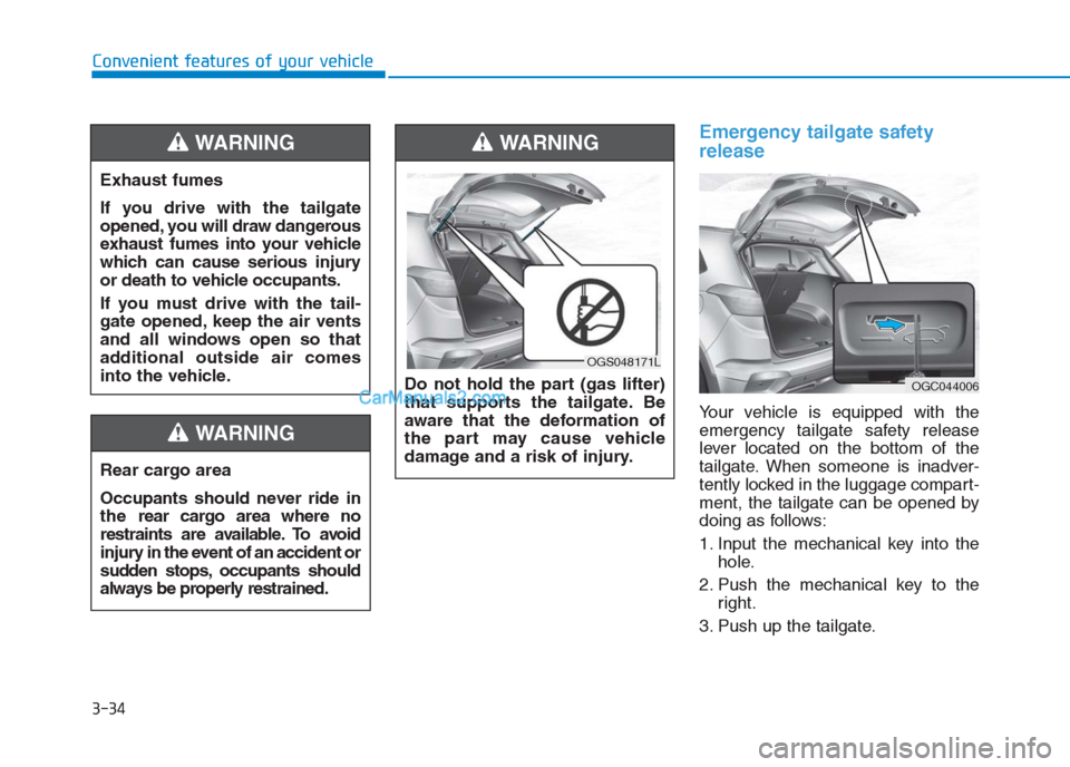 Hyundai Creta 2019  Owners Manual 3-34
Convenient features of your vehicle
Emergency tailgate safety
release
Your vehicle is equipped with the
emergency tailgate safety release
lever located on the bottom of the
tailgate. When someone