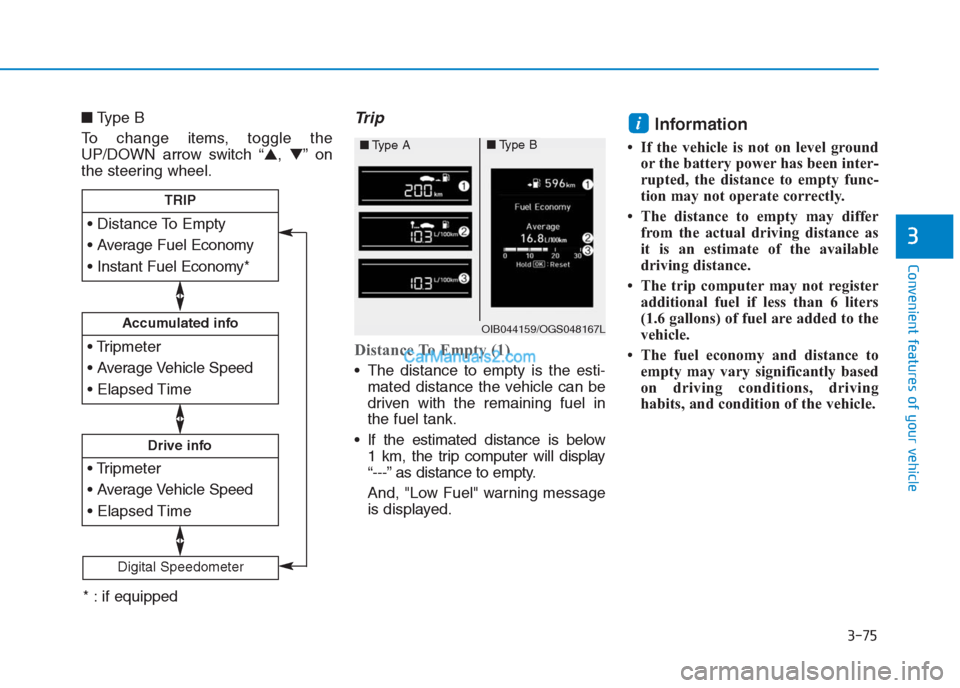 Hyundai Creta 2019  Owners Manual 3-75
Convenient features of your vehicle
3
■Type B
To change items, toggle the
UP/DOWN arrow switch “▲,▼”on
the steering wheel.Trip
Distance To Empty (1)
 The distance to empty is the esti-
