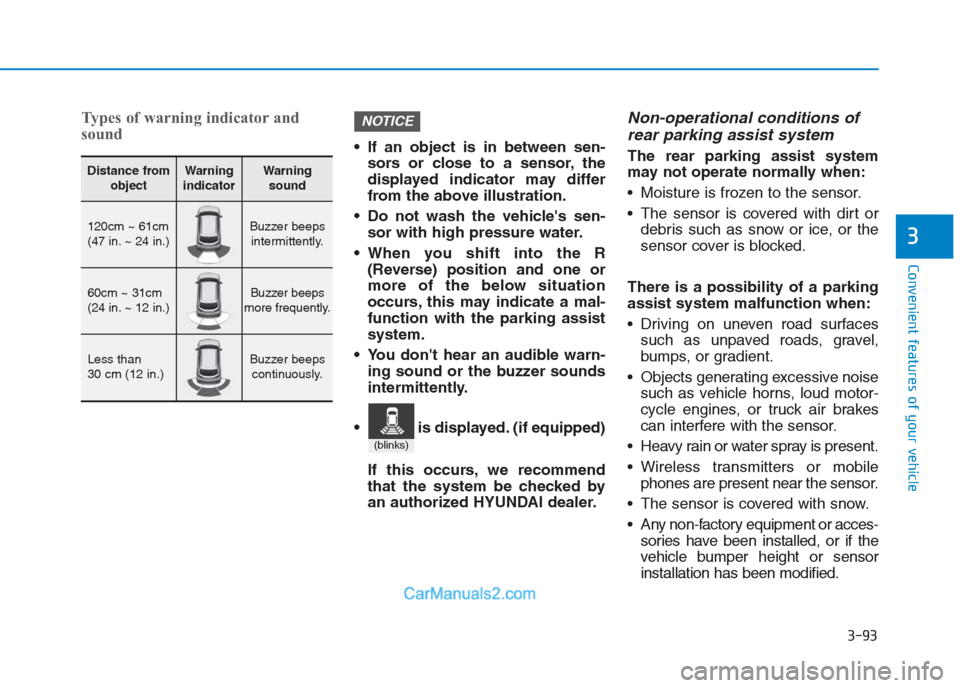 Hyundai Creta 2019 Owners Manual 3-93
Convenient features of your vehicle
3
Types of warning indicator and
sound
If an object is in between sen-
sors or close to a sensor, the
displayed indicator may differ
from the above illustrati Hyundai Creta 2019 Owners Manual 3-93
Convenient features of your vehicle
3
Types of warning indicator and
sound
If an object is in between sen-
sors or close to a sensor, the
displayed indicator may differ
from the above illustrati