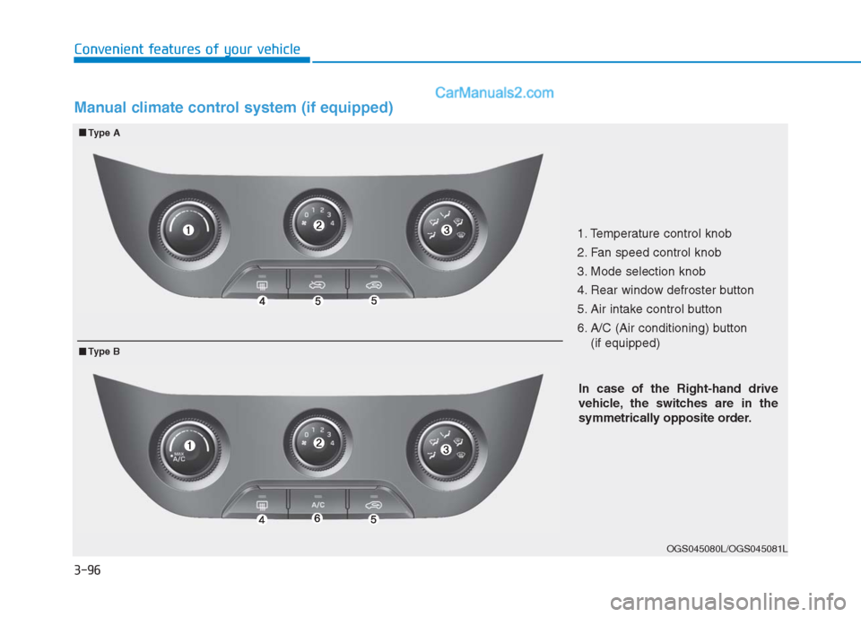 Hyundai Creta 2019 Owners Manual 3-96
Convenient features of your vehicle
1. Temperature control knob
2. Fan speed control knob
3. Mode selection knob
4. Rear window defroster button
5. Air intake control button
6. A/C (Air condition Hyundai Creta 2019 Owners Manual 3-96
Convenient features of your vehicle
1. Temperature control knob
2. Fan speed control knob
3. Mode selection knob
4. Rear window defroster button
5. Air intake control button
6. A/C (Air condition