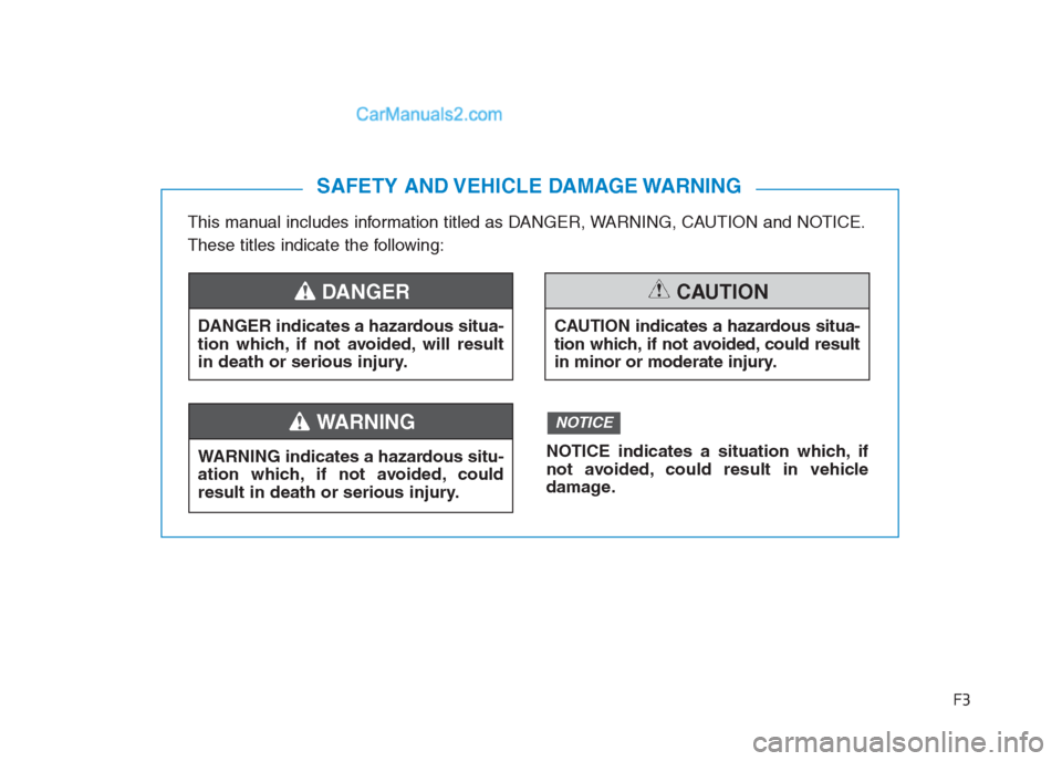 Hyundai Creta 2019 Owners Manual F3
This manual includes information titled as DANGER, WARNING, CAUTION and NOTICE.
These titles indicate the following:
SAFETY AND VEHICLE DAMAGE WARNING
DANGER indicates a hazardous situa-
tion which Hyundai Creta 2019 Owners Manual F3
This manual includes information titled as DANGER, WARNING, CAUTION and NOTICE.
These titles indicate the following:
SAFETY AND VEHICLE DAMAGE WARNING
DANGER indicates a hazardous situa-
tion which