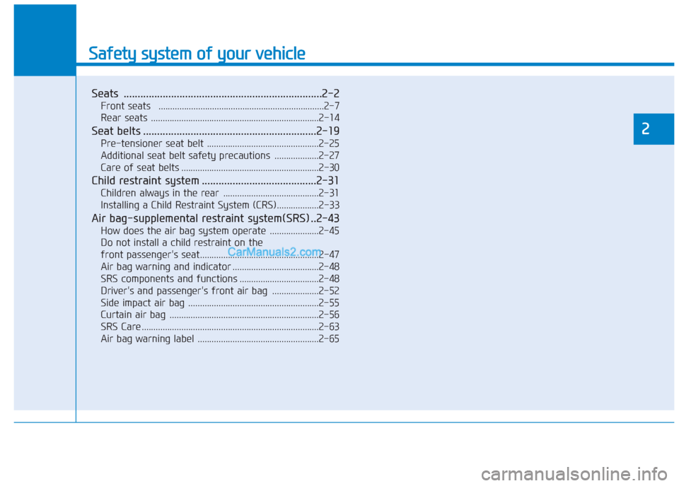 Hyundai Creta 2019 Owners Guide Safety system of your vehicle
2
Safety system of your vehicle
2
Seats .......................................................................2-2
Front seats   .........................................