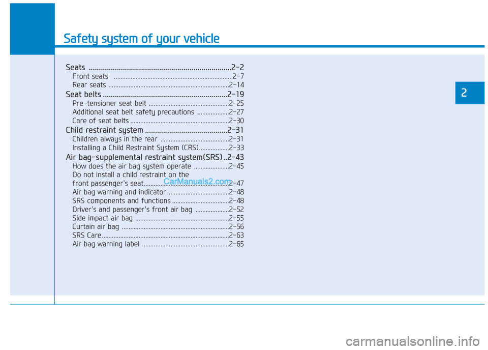 Hyundai Creta 2019  Owners Manual Safety system of your vehicle
2
Safety system of your vehicle
2
Seats .......................................................................2-2
Front seats   .........................................