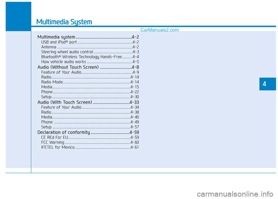 Hyundai Creta 2019  Owners Manual Multimedia System
Multimedia system .................................................4-2
USB and iPod®port ..........................................................4-2
Antenna ......................