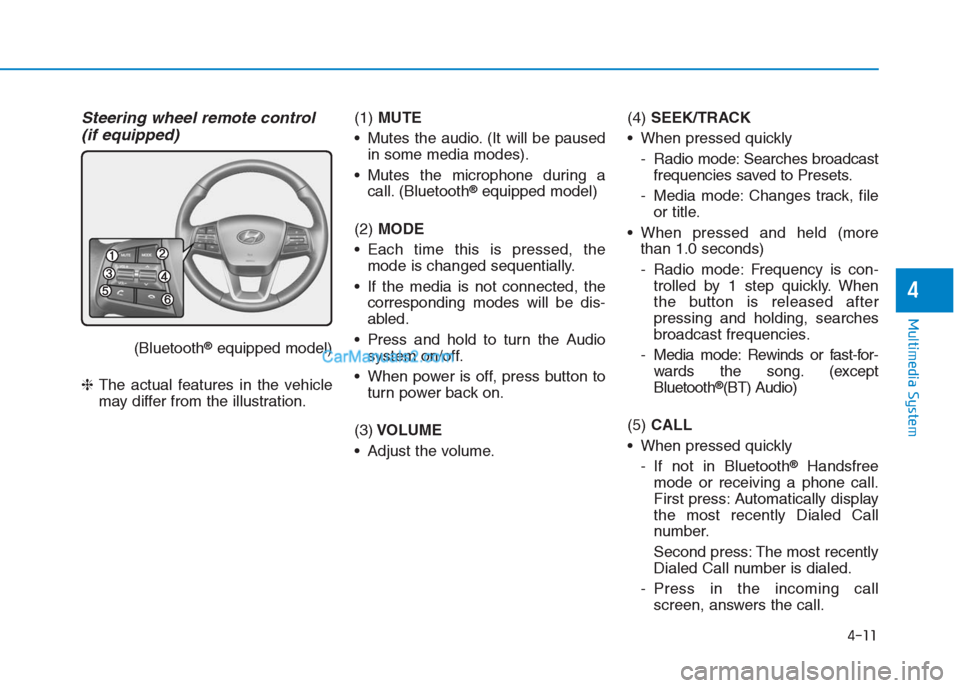 Hyundai Creta 2019 Owners Manual 4-11
Multimedia System
4
Steering wheel remote control
(if equipped)
(Bluetooth®equipped model)
❈The actual features in the vehicle
may differ from the illustration.(1) MUTE
Mutes the audio. (It w Hyundai Creta 2019 Owners Manual 4-11
Multimedia System
4
Steering wheel remote control
(if equipped)
(Bluetooth®equipped model)
❈The actual features in the vehicle
may differ from the illustration.(1) MUTE
Mutes the audio. (It w
