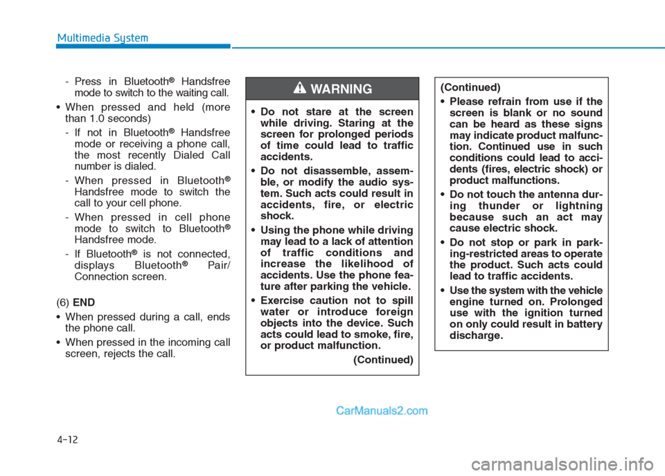 Hyundai Creta 2019  Owners Manual 4-12
Multimedia System
- Press in Bluetooth
®Handsfree
mode to switch to the waiting call.
 When pressed and held (more
than 1.0 seconds)
- If not in Bluetooth
®Handsfree
mode or receiving a phone c