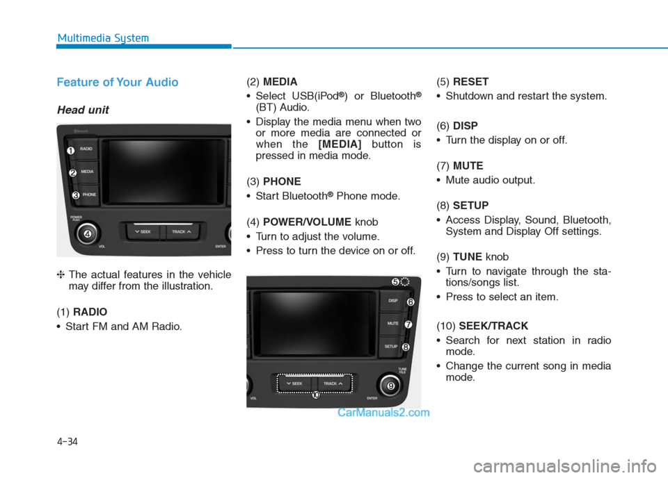 Hyundai Creta 2019  Owners Manual 4-34
Multimedia System
Feature of Your Audio
Head unit
❈The actual features in the vehicle
may differ from the illustration.
(1) RADIO
 Start FM and AM Radio.(2)MEDIA
 Select USB(iPod
®) or Bluetoo