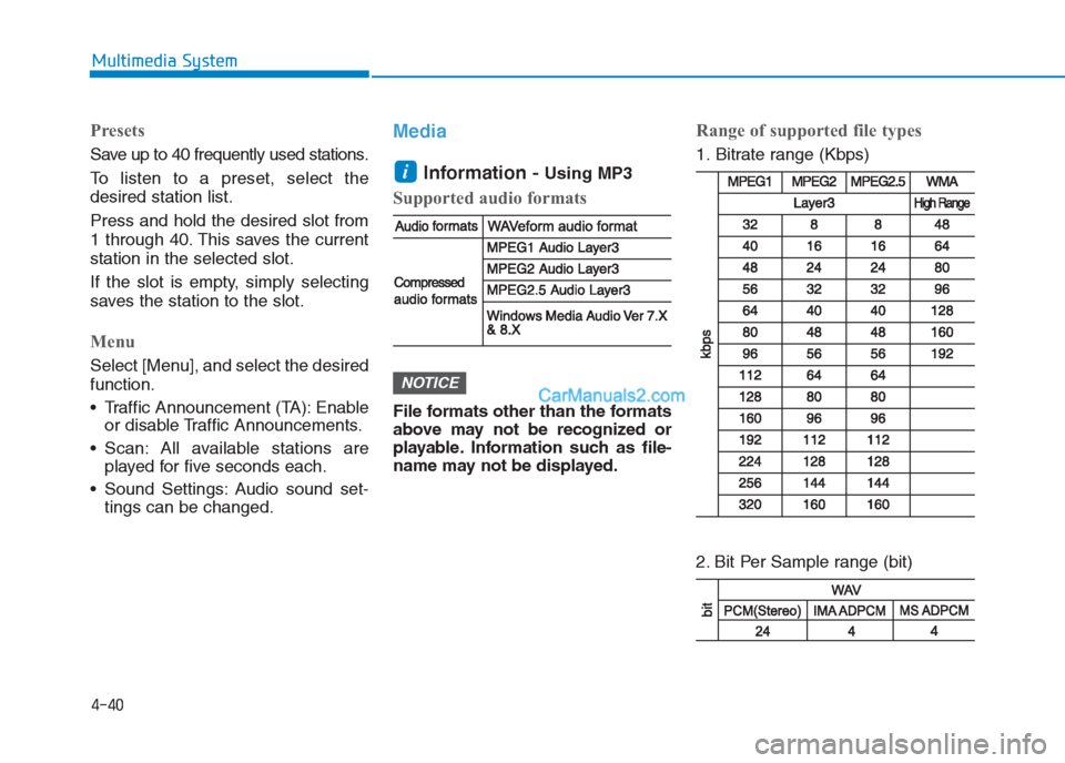 Hyundai Creta 2019 Owners Manual 4-40
Multimedia System
Presets
Save up to 40 frequently used stations.
To listen to a preset, select the
desired station list.
Press and hold the desired slot from
1 through 40. This saves the current Hyundai Creta 2019 Owners Manual 4-40
Multimedia System
Presets
Save up to 40 frequently used stations.
To listen to a preset, select the
desired station list.
Press and hold the desired slot from
1 through 40. This saves the current