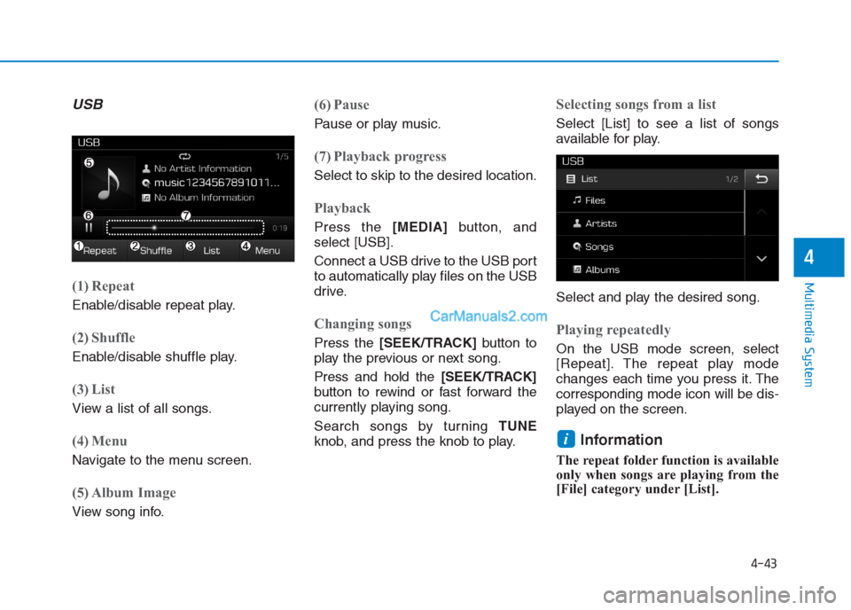 Hyundai Creta 2019 Owners Manual 4-43
Multimedia System
4
USB
(1) Repeat
Enable/disable repeat play.
(2) Shuffle
Enable/disable shuffle play.
(3) List
View a list of all songs.
(4) Menu
Navigate to the menu screen.
(5) Album Image
Vi Hyundai Creta 2019 Owners Manual 4-43
Multimedia System
4
USB
(1) Repeat
Enable/disable repeat play.
(2) Shuffle
Enable/disable shuffle play.
(3) List
View a list of all songs.
(4) Menu
Navigate to the menu screen.
(5) Album Image
Vi