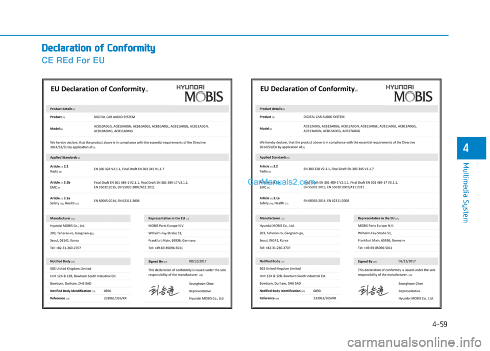 Hyundai Creta 2019  Owners Manual 4-59
Multimedia System
4
D De
ec
cl
la
ar
ra
at
ti
io
on
n 
 o
of
f 
 C
Co
on
nf
fo
or
rm
mi
it
ty
y
CE REd For EU  