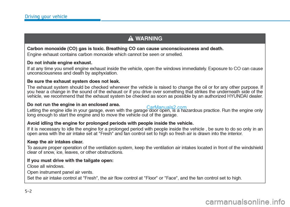Hyundai Creta 2019  Owners Manual 5-2
Driving your vehicle
Carbon monoxide (CO) gas is toxic. Breathing CO can cause unconsciousness and death.
Engine exhaust contains carbon monoxide which cannot be seen or smelled.
Do not inhale eng