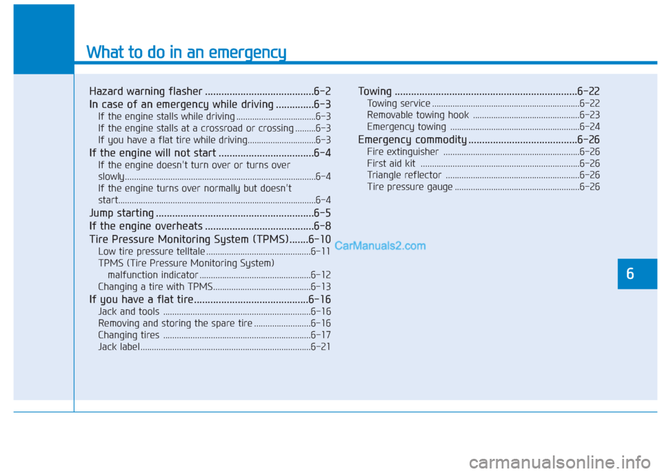 Hyundai Creta 2019  Owners Manual What to do in an emergency
Hazard warning flasher ........................................6-2
In case of an emergency while driving ..............6-3
If the engine stalls while driving ...............