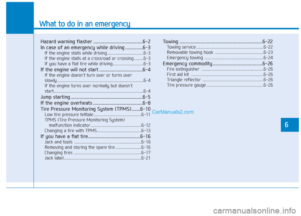 Hyundai Creta 2019 Owners Manual What to do in an emergency
Hazard warning flasher ........................................6-2
In case of an emergency while driving ..............6-3
If the engine stalls while driving ............... Hyundai Creta 2019 Owners Manual What to do in an emergency
Hazard warning flasher ........................................6-2
In case of an emergency while driving ..............6-3
If the engine stalls while driving ...............