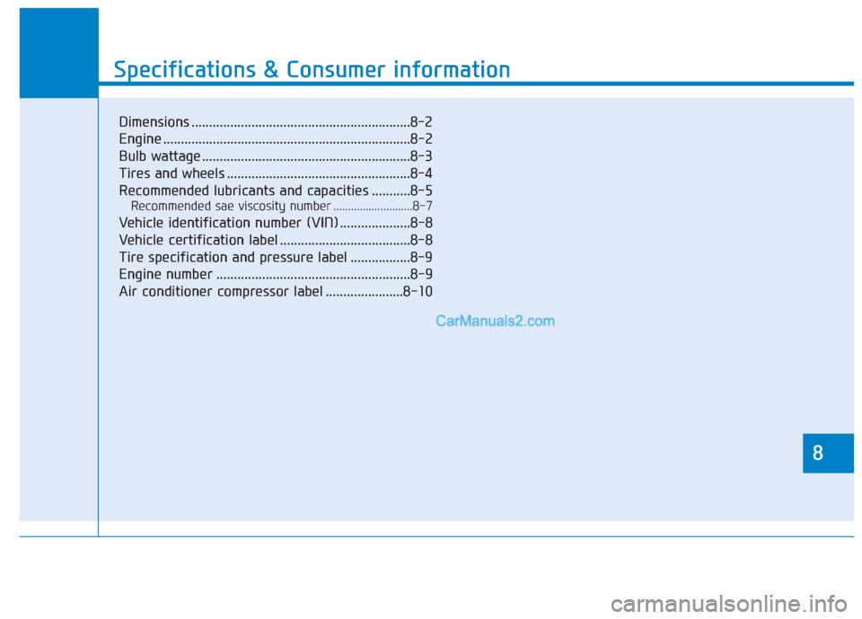 Hyundai Creta 2019 Owners Manual 8
Specifications & Consumer information
8
Specifications & Consumer information
8
Dimensions ..............................................................8-2
Engine .................................. Hyundai Creta 2019 Owners Manual 8
Specifications & Consumer information
8
Specifications & Consumer information
8
Dimensions ..............................................................8-2
Engine ..................................