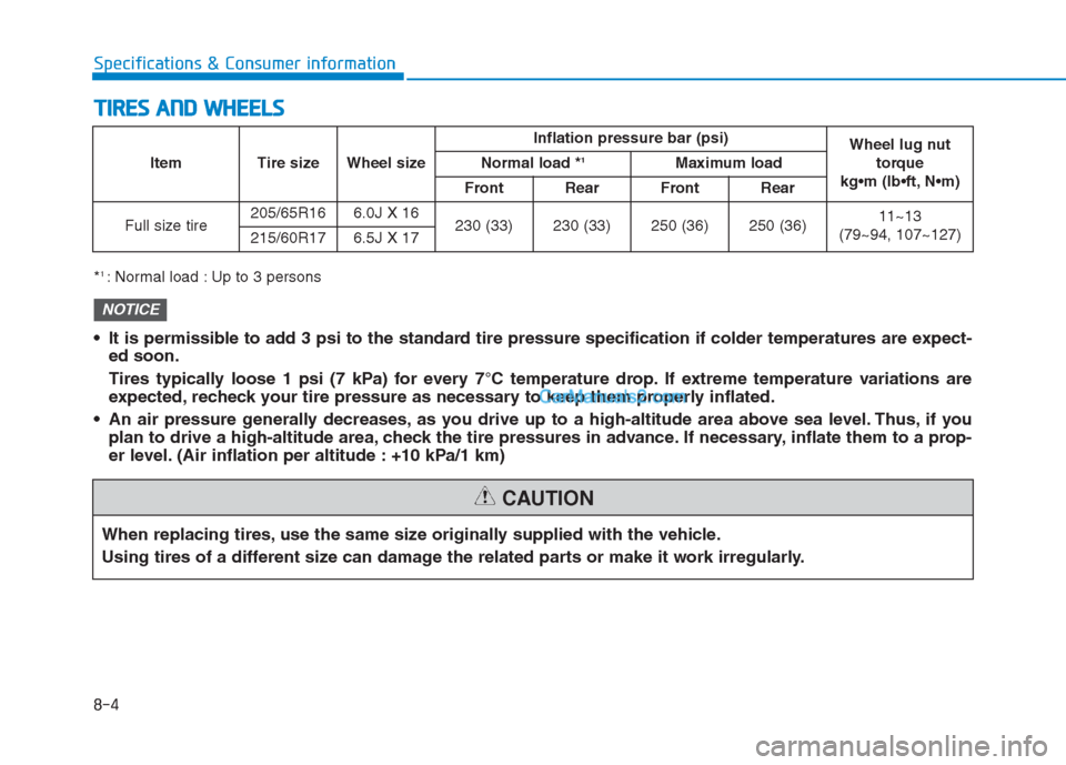 Hyundai Creta 2019  Owners Manual 8-4
Specifications & Consumer information
T TI
IR
RE
ES
S 
 A
AN
ND
D 
 W
WH
HE
EE
EL
LS
S
When replacing tires, use the same size originally supplied with the vehicle.
Using tires of a different size