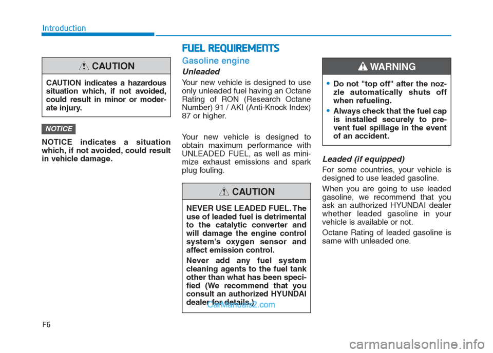 Hyundai Creta 2019  Owners Manual F6
Introduction
NOTICE indicates a situation
which, if not avoided, could result
in vehicle damage.
Gasoline engine
Unleaded
Your new vehicle is designed to use
only unleaded fuel having an Octane
Rat