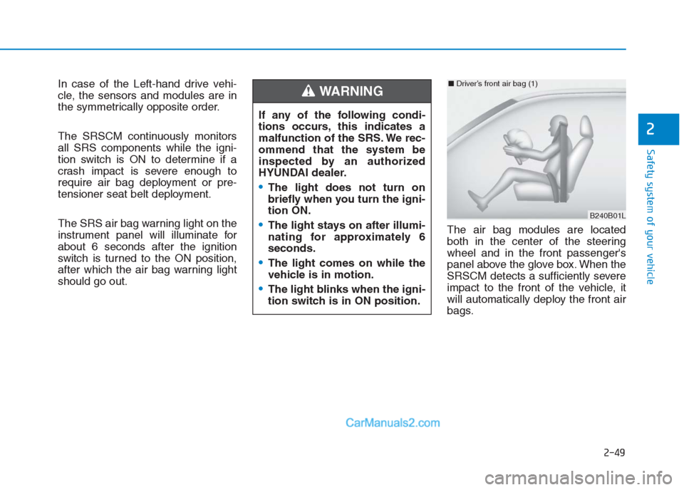 Hyundai Creta 2019 Repair Manual 2-49
Safety system of your vehicle
2
In case of the Left-hand drive vehi-
cle, the sensors and modules are in
the symmetrically opposite order.
The SRSCM continuously monitors
all SRS components while Hyundai Creta 2019 Repair Manual 2-49
Safety system of your vehicle
2
In case of the Left-hand drive vehi-
cle, the sensors and modules are in
the symmetrically opposite order.
The SRSCM continuously monitors
all SRS components while