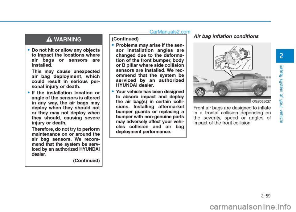 Hyundai Creta 2019 Manual PDF 2-59
Safety system of your vehicle
2
Air bag inflation conditions
Front air bags are designed to inflate
in a frontal collision depending on
the severity, speed or angles of
impact of the front collis Hyundai Creta 2019 Manual PDF 2-59
Safety system of your vehicle
2
Air bag inflation conditions
Front air bags are designed to inflate
in a frontal collision depending on
the severity, speed or angles of
impact of the front collis