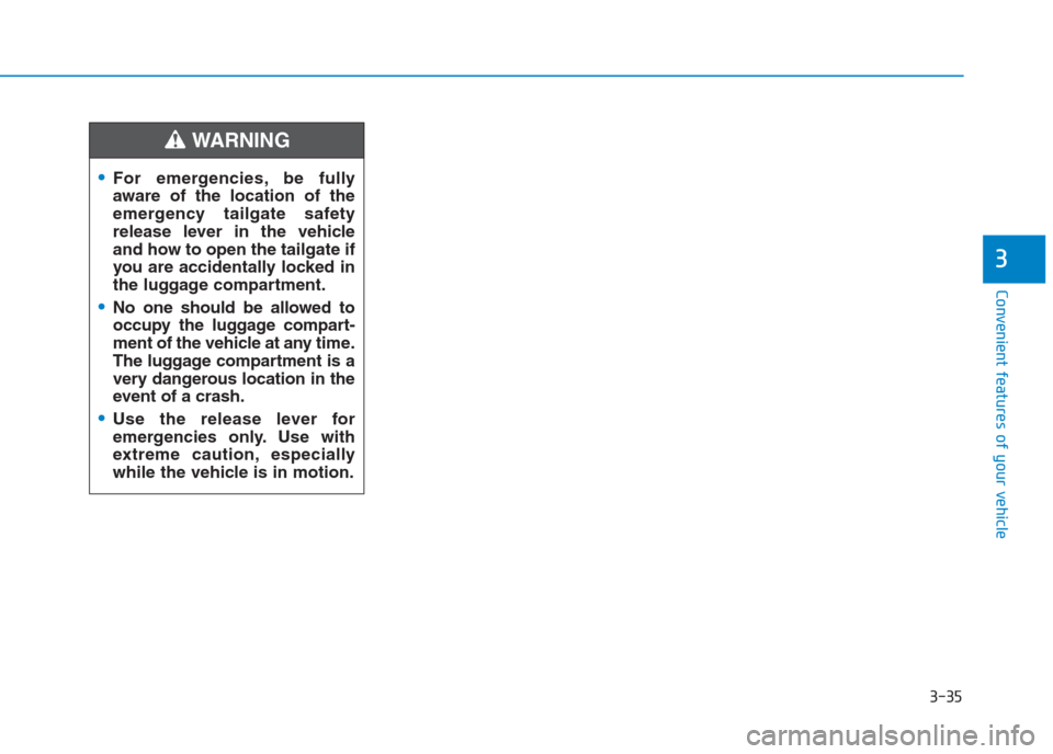 Hyundai Creta 2018 Owners Manual 3-35
Convenient features of your vehicle
3
For emergencies, be fully
aware of the location of the
emergency tailgate safety
release lever in the vehicle
and how to open the tailgate if
you are acciden Hyundai Creta 2018 Owners Manual 3-35
Convenient features of your vehicle
3
For emergencies, be fully
aware of the location of the
emergency tailgate safety
release lever in the vehicle
and how to open the tailgate if
you are acciden