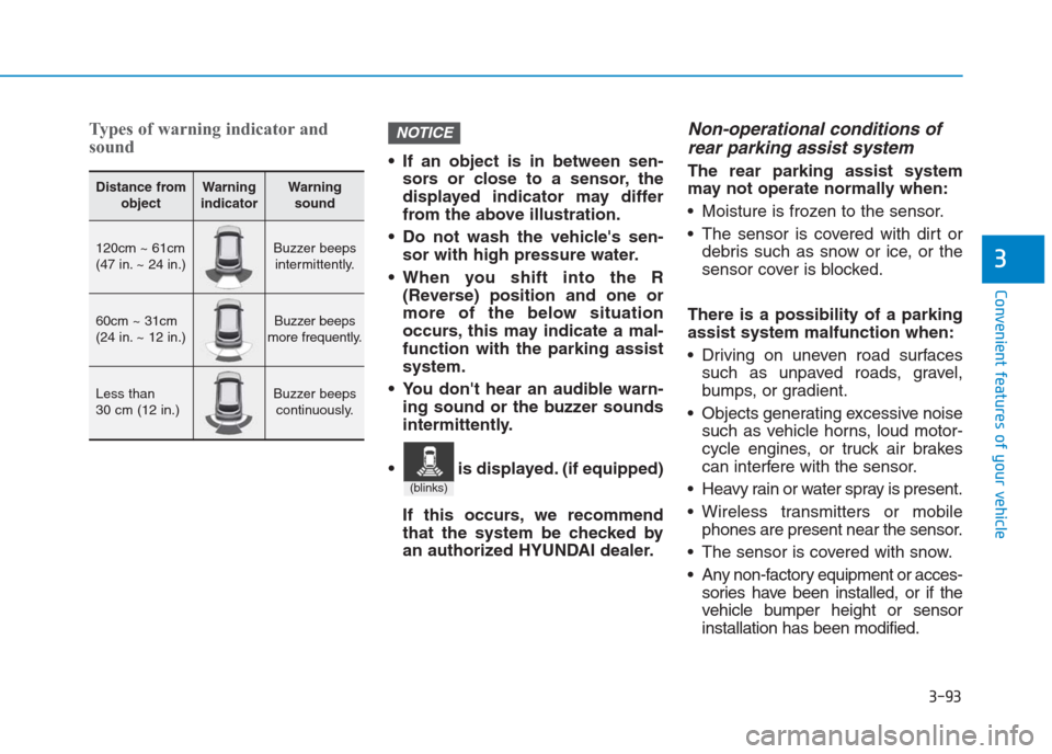 Hyundai Creta 2018  Owners Manual 3-93
Convenient features of your vehicle
3
Types of warning indicator and
sound
 If an object is in between sen-
sors or close to a sensor, the
displayed indicator may differ
from the above illustrati