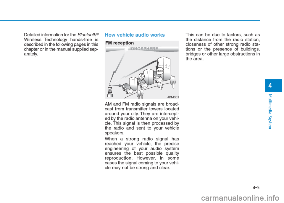 Hyundai Creta 2018  Owners Manual 4-5
Multimedia System
4
Detailed information for the Bluetooth®
Wireless Technology hands-free is
described in the following pages in this
chapter or in the manual supplied sep-
arately.How vehicle a