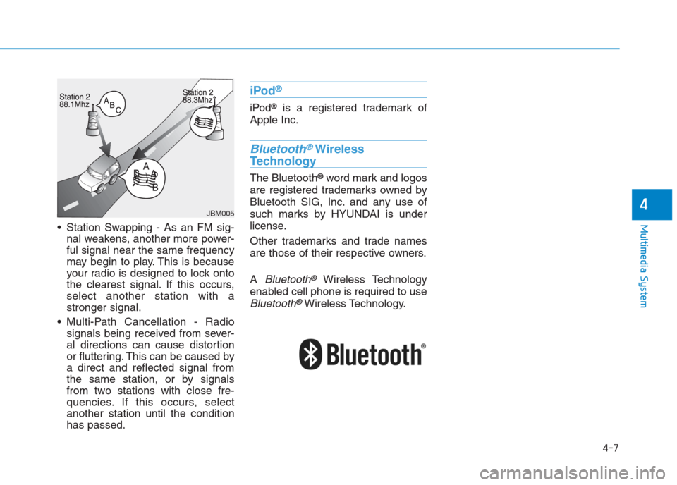 Hyundai Creta 2018  Owners Manual 4-7
Multimedia System
4
 Station Swapping - As an FM sig-
nal weakens, another more power-
ful signal near the same frequency
may begin to play. This is because
your radio is designed to lock onto
the