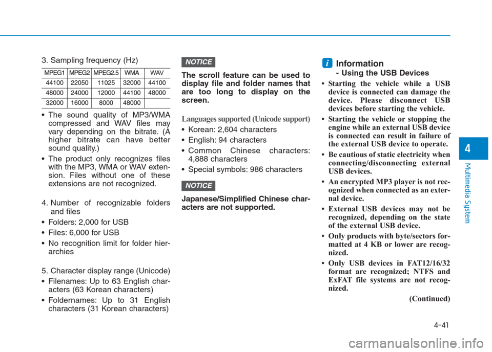 Hyundai Creta 2018  Owners Manual 4-41
Multimedia System
4
3. Sampling frequency (Hz)
 The sound quality of MP3/WMA
compressed and WAV files may
vary depending on the bitrate. (A
higher bitrate can have better
sound quality.)
 The pro
