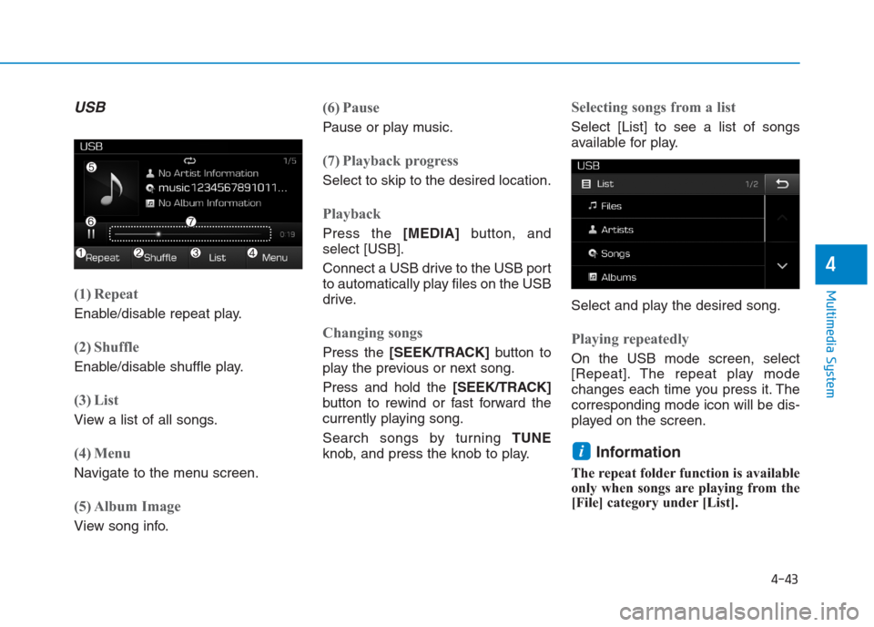 Hyundai Creta 2018  Owners Manual 4-43
Multimedia System
4
USB
(1) Repeat
Enable/disable repeat play.
(2) Shuffle
Enable/disable shuffle play.
(3) List
View a list of all songs.
(4) Menu
Navigate to the menu screen.
(5) Album Image
Vi