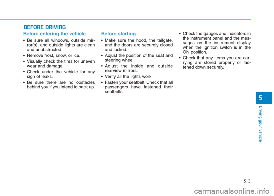 Hyundai Creta 2018  Owners Manual Before entering the vehicle 
• Be sure all windows, outside mir-
ror(s), and outside lights are clean
and unobstructed.
 Remove frost, snow, or ice.
 Visually check the tires for uneven
wear and dam