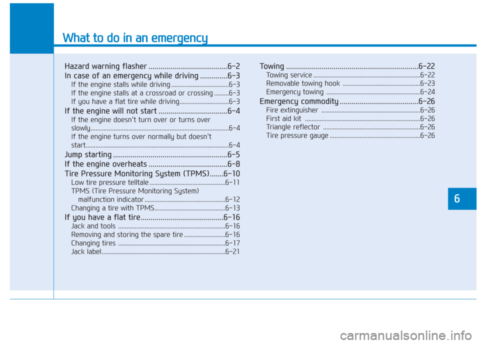 Hyundai Creta 2018  Owners Manual What to do in an emergency
Hazard warning flasher ........................................6-2
In case of an emergency while driving ..............6-3
If the engine stalls while driving ...............