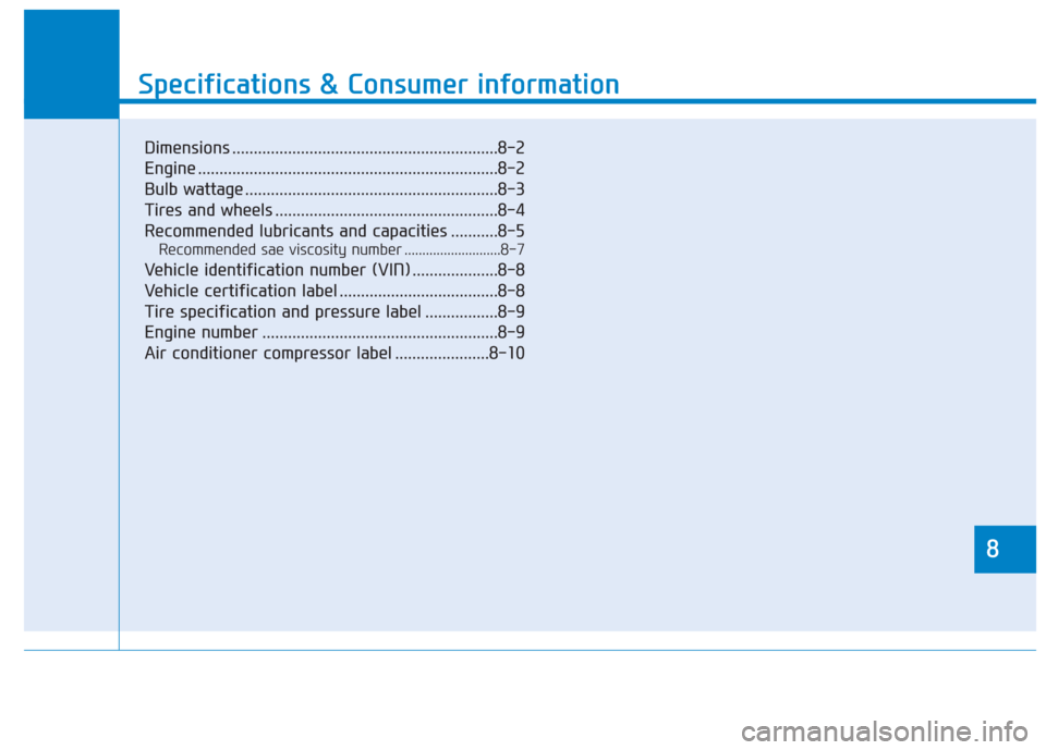 Hyundai Creta 2018 Owners Manual 8
Specifications & Consumer information
8
Specifications & Consumer information
8
Dimensions ..............................................................8-2
Engine .................................. Hyundai Creta 2018 Owners Manual 8
Specifications & Consumer information
8
Specifications & Consumer information
8
Dimensions ..............................................................8-2
Engine ..................................