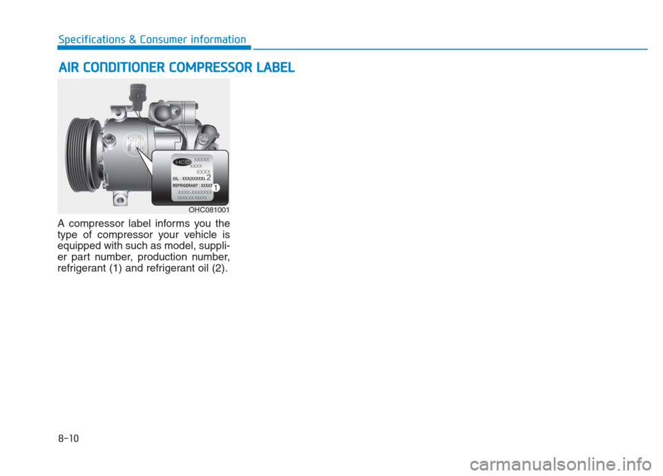 Hyundai Creta 2018 Owners Manual A compressor label informs you the
type of compressor your vehicle is
equipped with such as model, suppli-
er part number, production number,
refrigerant (1) and refrigerant oil (2).
A AI
IR
R
C
CO
Hyundai Creta 2018 Owners Manual A compressor label informs you the
type of compressor your vehicle is
equipped with such as model, suppli-
er part number, production number,
refrigerant (1) and refrigerant oil (2).
A AI
IR
R
C
CO