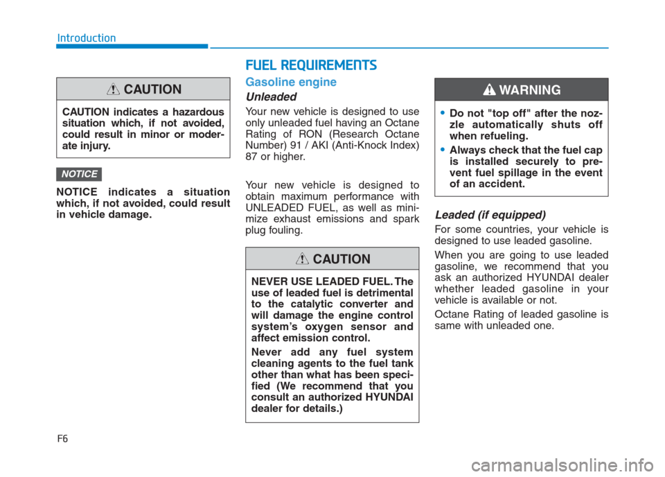 Hyundai Creta 2018  Owners Manual F6
Introduction
NOTICE indicates a situation
which, if not avoided, could result
in vehicle damage.
Gasoline engine
Unleaded
Your new vehicle is designed to use
only unleaded fuel having an Octane
Rat