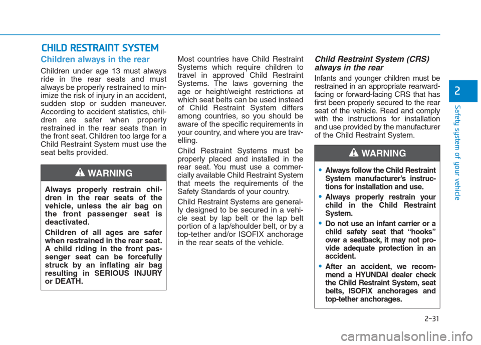 Hyundai Creta 2018 Workshop Manual 2-31
Safety system of your vehicle
2
Children always in the rear
Children under age 13 must always
ride in the rear seats and must
always be properly restrained to min-
imize the risk of injury in an Hyundai Creta 2018 Workshop Manual 2-31
Safety system of your vehicle
2
Children always in the rear
Children under age 13 must always
ride in the rear seats and must
always be properly restrained to min-
imize the risk of injury in an