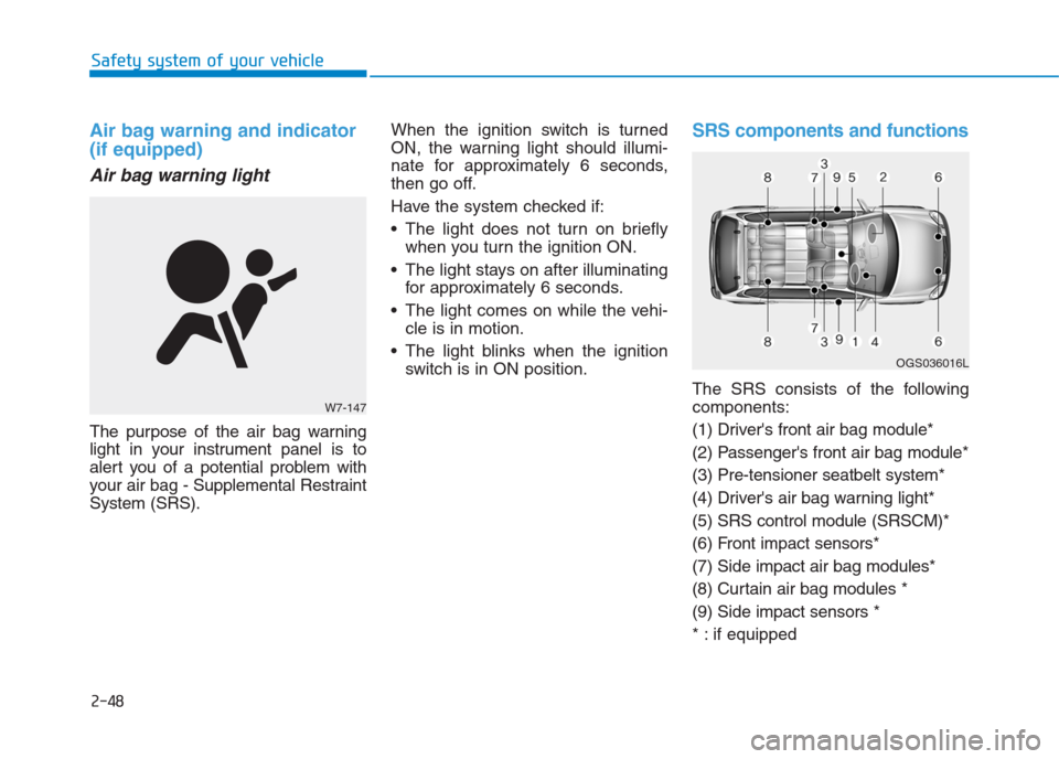 Hyundai Creta 2018 Repair Manual 2-48
Safety system of your vehicle
Air bag warning and indicator
(if equipped)
Air bag warning light
The purpose of the air bag warning
light in your instrument panel is to
alert you of a potential pr Hyundai Creta 2018 Repair Manual 2-48
Safety system of your vehicle
Air bag warning and indicator
(if equipped)
Air bag warning light
The purpose of the air bag warning
light in your instrument panel is to
alert you of a potential pr
