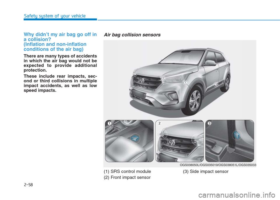 Hyundai Creta 2018  Owners Manual 2-58
Safety system of your vehicle
Why didn’t my air bag go off in
a collision? 
(Inflation and non-inflation
conditions of the air bag)
There are many types of accidents
in which the air bag would 