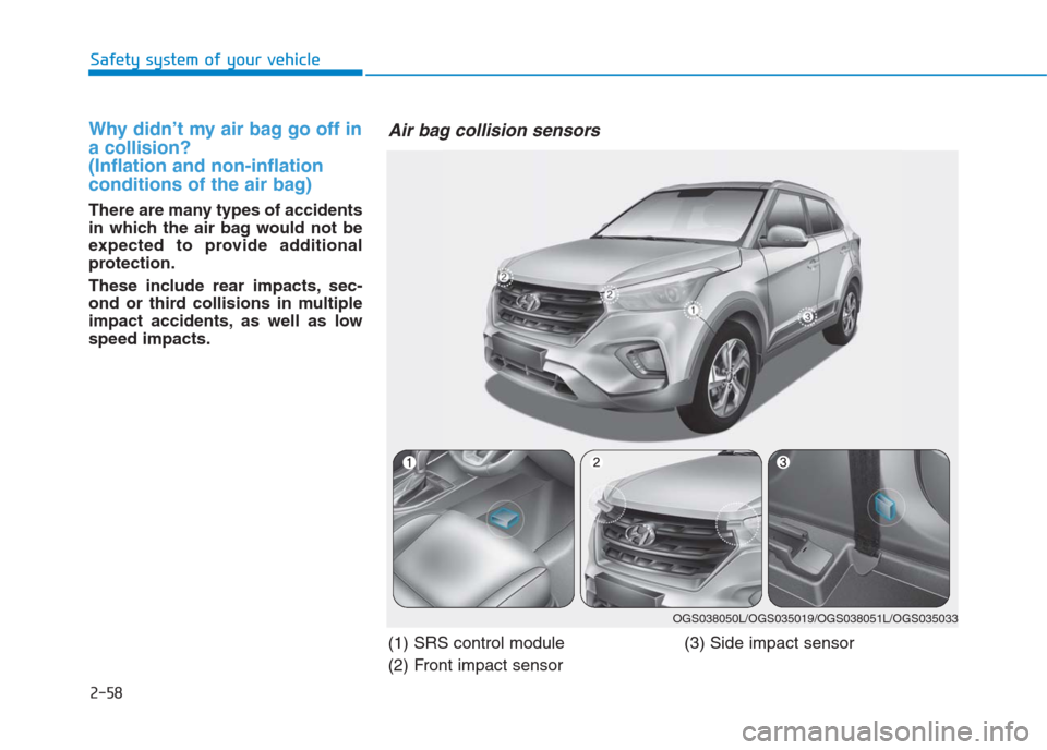 Hyundai Creta 2018 Manual PDF 2-58
Safety system of your vehicle
Why didn’t my air bag go off in
a collision?
(Inflation and non-inflation
conditions of the air bag)
There are many types of accidents
in which the air bag would Hyundai Creta 2018 Manual PDF 2-58
Safety system of your vehicle
Why didn’t my air bag go off in
a collision?
(Inflation and non-inflation
conditions of the air bag)
There are many types of accidents
in which the air bag would