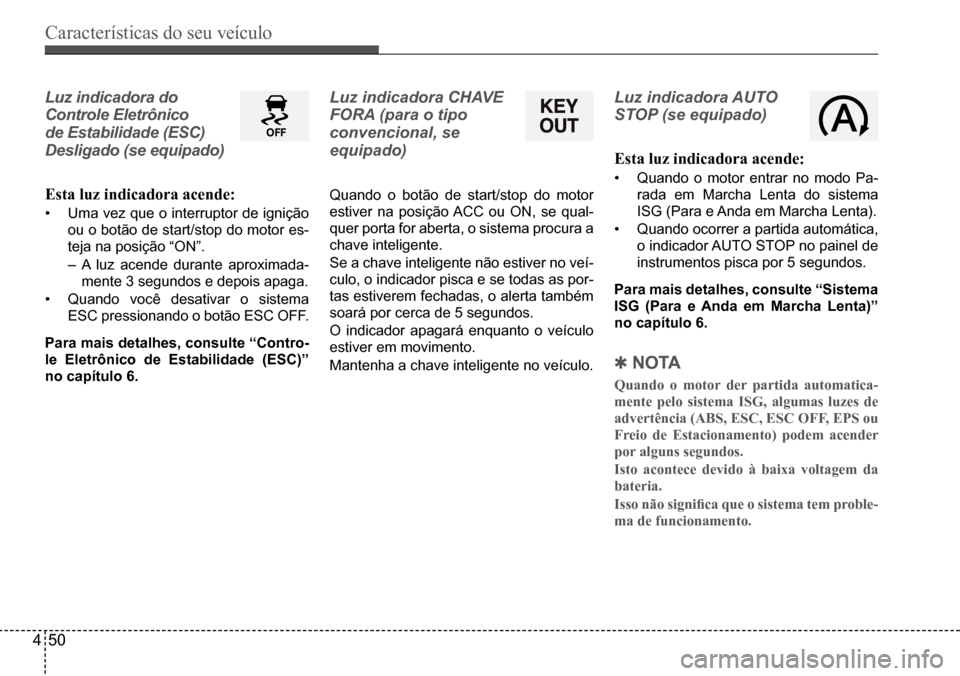 Hyundai Creta 2017  Manual do proprietário (in Portuguese) Características do seu veículo
450
Luz indicadora do  
Controle Eletrônico 
de Estabilidade (ESC) 
Desligado (se equipado) 
Esta luz indicadora acende:
•	Uma	vez	que	o	interruptor	de	ignição	
o