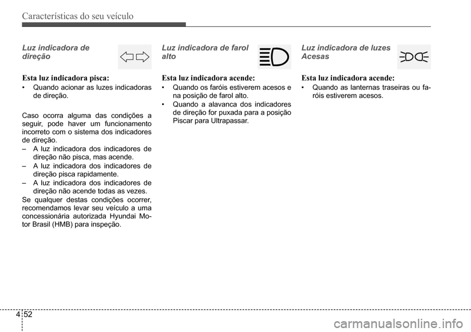 Hyundai Creta 2017  Manual do proprietário (in Portuguese) Características do seu veículo
452
Luz indicadora de  
direção 
Esta luz indicadora pisca:
•	Quando acionar as luzes indicadoras  
de	direção.
Caso	ocorra	alguma	das	condições	a	
seguir, pod