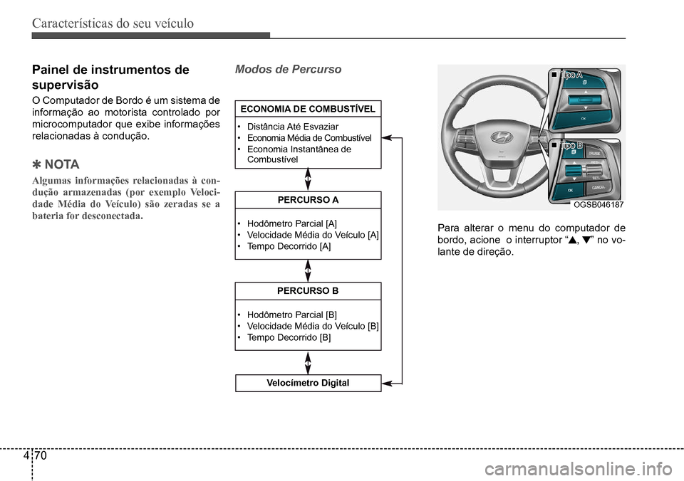 Hyundai Creta 2017 Manual do proprietário (in Portuguese) Características do seu veículo
470
OGSB046187
Tipo A
Tipo B
Painel de instrumentos de
supervisão
O Computador de Bordo é um sistema de
informação ao motorista controlado por
microcomp Hyundai Creta 2017 Manual do proprietário (in Portuguese) Características do seu veículo
470
OGSB046187
Tipo A
Tipo B
Painel de instrumentos de
supervisão
O Computador de Bordo é um sistema de
informação ao motorista controlado por
microcomp