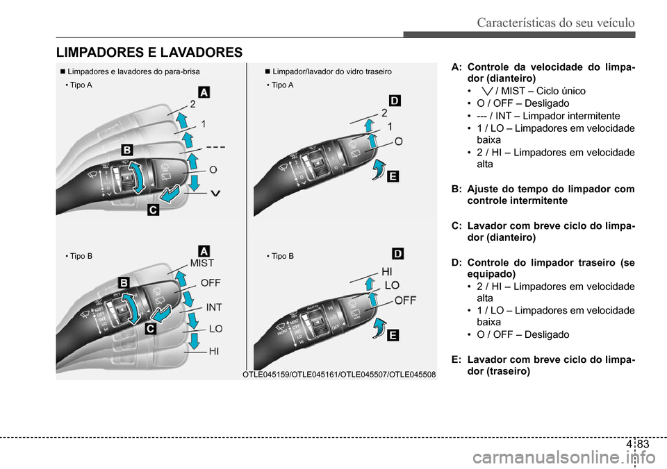 Hyundai Creta 2017 Manual do proprietário (in Portuguese) Características do seu veículo
483
• Tipo A
• Tipo B
• Tipo A
• Tipo B
OTLE045159/OTLE045161/OTLE045507/OTLE045508
lIMPAdoRes e lAvAdoRes
A: Controle da velocidade do limpa-
dor (dianteiro) Hyundai Creta 2017 Manual do proprietário (in Portuguese) Características do seu veículo
483
• Tipo A
• Tipo B
• Tipo A
• Tipo B
OTLE045159/OTLE045161/OTLE045507/OTLE045508
lIMPAdoRes e lAvAdoRes
A: Controle da velocidade do limpa-
dor (dianteiro)
