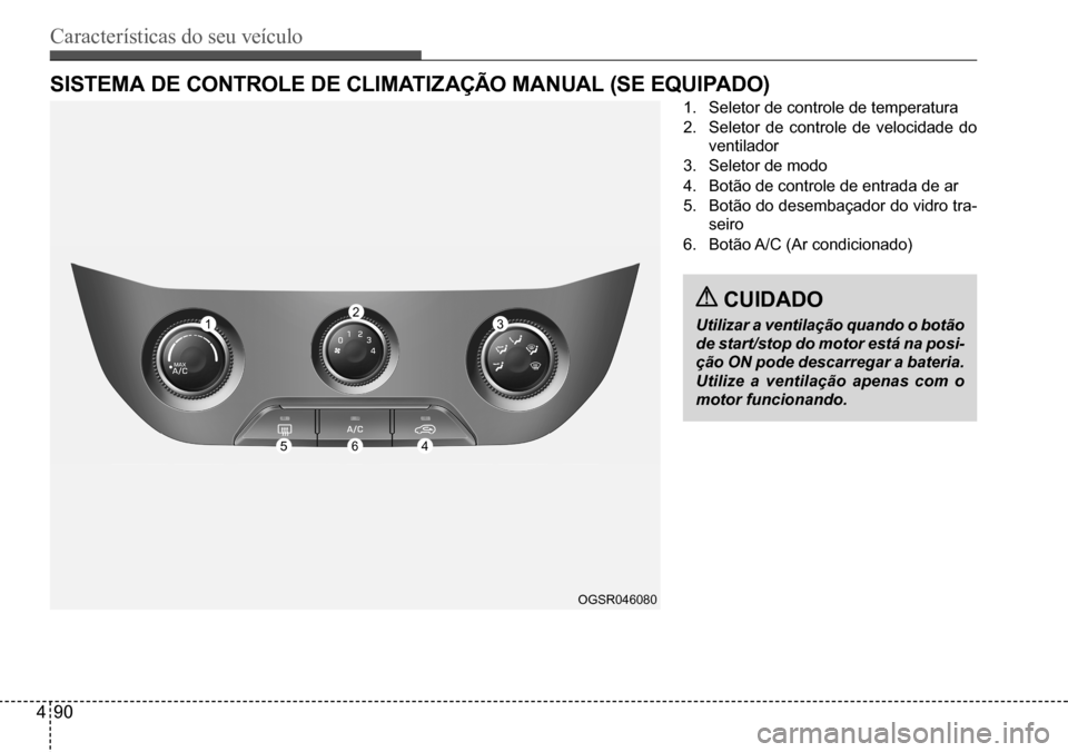 Hyundai Creta 2017 Manual do proprietário (in Portuguese) Características do seu veículo
490
OGSR046080
sIsTeMA de ConTRole de ClIMATIZAÇÃo MAnuAl (se eQuIPAdo)
1. Seletor de controle de temperatura
2. Seletor de controle de velocidade do
ventilador
3. Hyundai Creta 2017 Manual do proprietário (in Portuguese) Características do seu veículo
490
OGSR046080
sIsTeMA de ConTRole de ClIMATIZAÇÃo MAnuAl (se eQuIPAdo)
1. Seletor de controle de temperatura
2. Seletor de controle de velocidade do
ventilador
3.