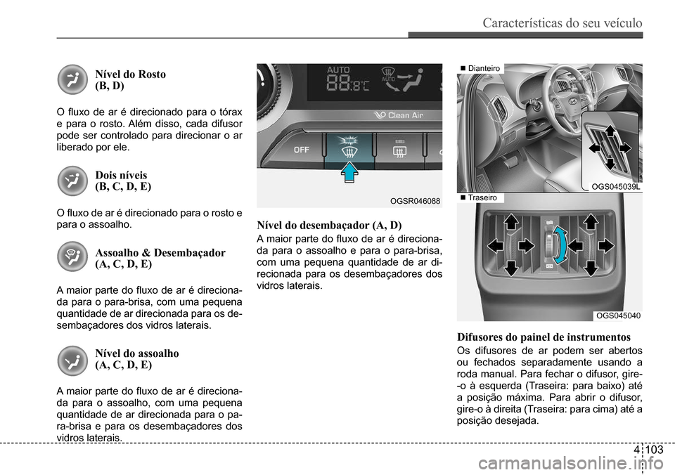 Hyundai Creta 2017  Manual do proprietário (in Portuguese) Características do seu veículo
4103
Nível do Rosto  (B, D)
O	fluxo	de	ar	é	direcionado	para	o	tórax	
e para o rosto. Além disso, cada difusor  
pode ser controlado para direcionar o ar 
liberado