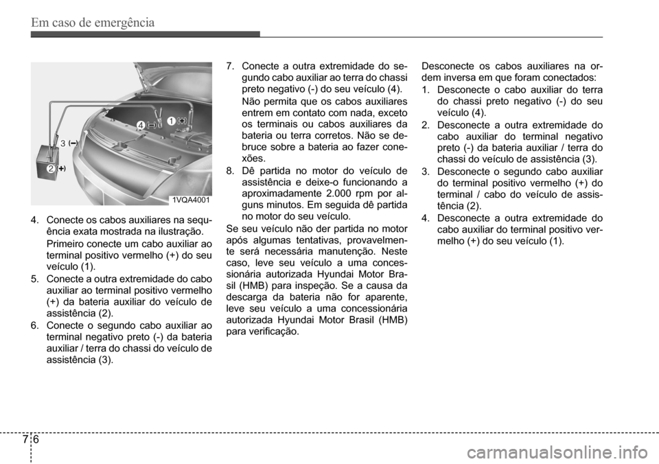 Hyundai Creta 2017 Manual do proprietário (in Portuguese) Em caso de emergência
76
1VQA4001
4. Conecte os cabos auxiliares na sequ-
ência exata mostrada na ilustração.
Primeiro conecte um cabo auxiliar ao
terminal positivo vermelho (+) do seu
veícul Hyundai Creta 2017 Manual do proprietário (in Portuguese) Em caso de emergência
76
1VQA4001
4. Conecte os cabos auxiliares na sequ-
ência exata mostrada na ilustração.
Primeiro conecte um cabo auxiliar ao
terminal positivo vermelho (+) do seu
veícul