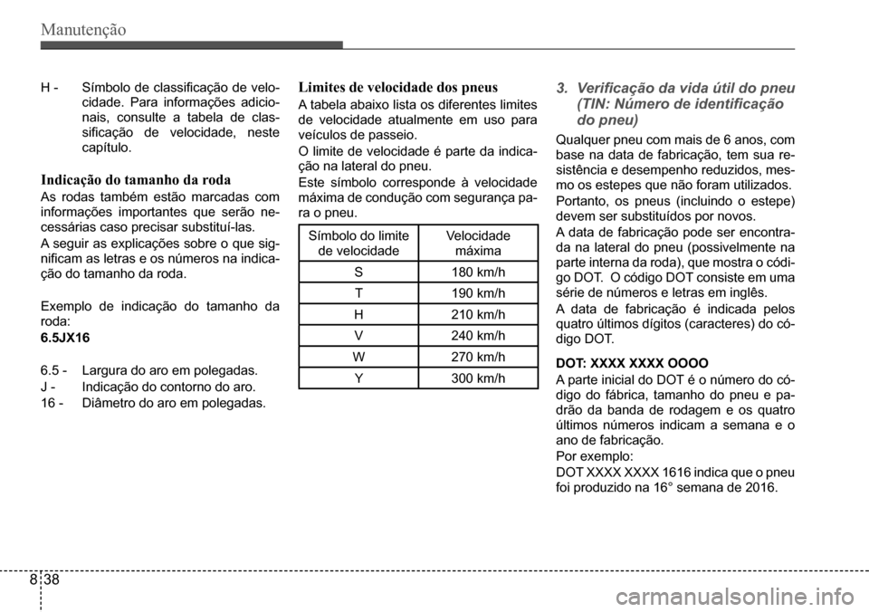 Hyundai Creta 2017 Manual do proprietário (in Portuguese) Manutenção
Símbolo do limite
de velocidade
Velocidade
máxima
S180 km/h
T190 km/h
H210 km/h
V240 km/h
W270 km/h
Y300 km/h
3. Verificação da vida útil do pneu
(TIN: Número de identificação Hyundai Creta 2017 Manual do proprietário (in Portuguese) Manutenção
Símbolo do limite
de velocidade
Velocidade
máxima
S180 km/h
T190 km/h
H210 km/h
V240 km/h
W270 km/h
Y300 km/h
3. Verificação da vida útil do pneu
(TIN: Número de identificação