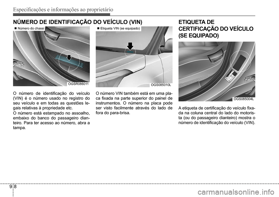 Hyundai Creta 2017  Manual do proprietário (in Portuguese) Especificações e informações ao proprietário
98
OGSR086011
OGS085004L
OGS085010L
NÚMERO DE IDENTIFICAÇÃO DO VEÍCULO (VIN)
O  número  de  identificação  do  veículo  
(VIN) é o número us