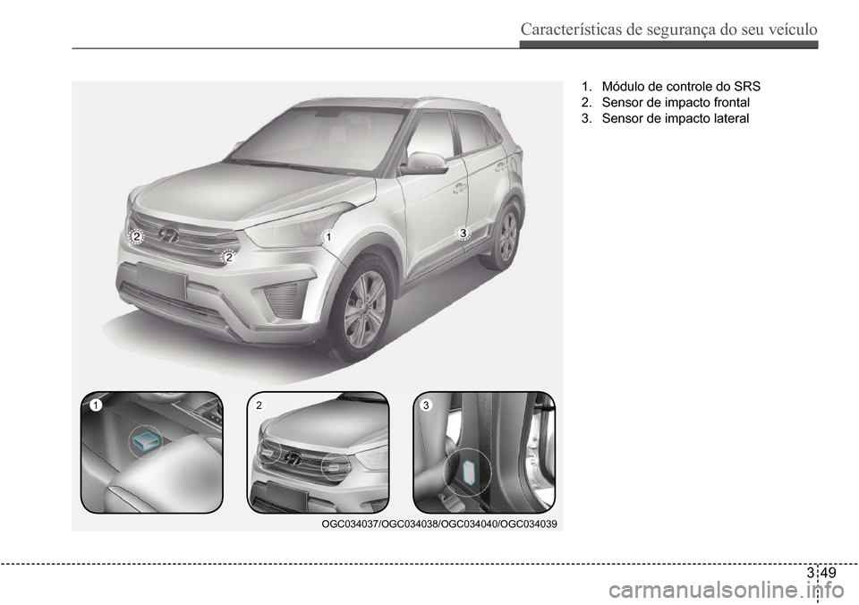 Hyundai Creta 2017  Manual do proprietário (in Portuguese) Características de segurança do seu veículo
349
 1 2 3
OGC034037/OGC034038/OGC034040/OGC034039
1. Módulo de controle do SRS
2. Sensor de impacto frontal
3. Sensor de impacto lateral    