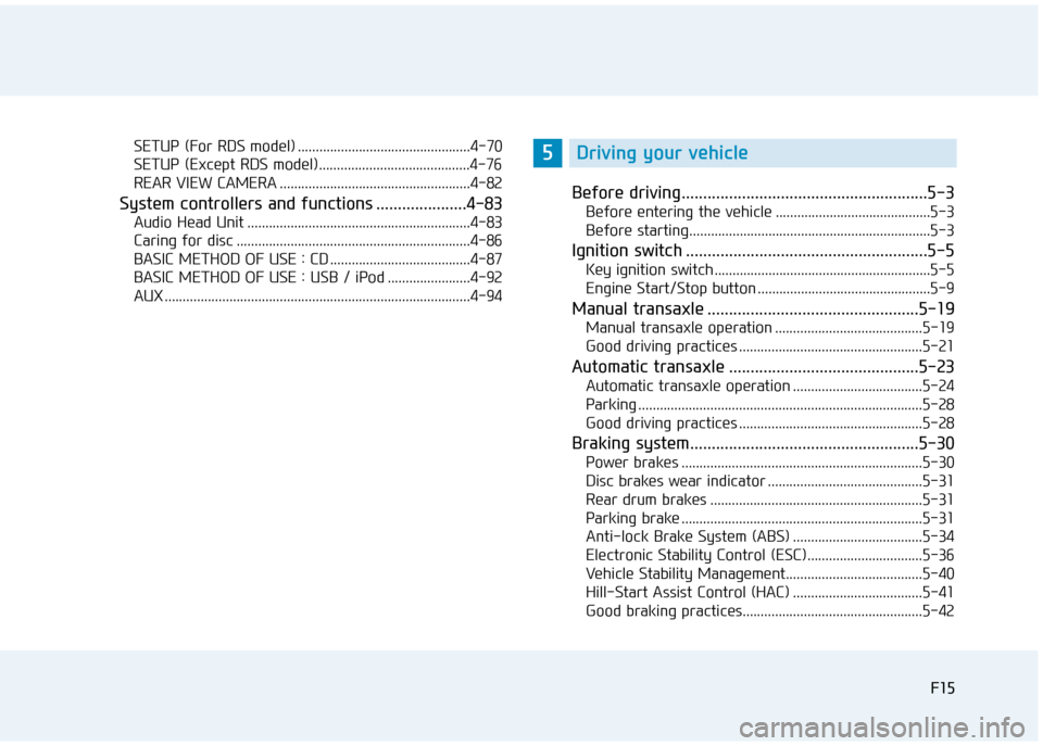 Hyundai Creta 2016  Owners Manual F15F15
SETUP (For RDS model) ................................................4-70 
SETUP (Except RDS model)..........................................4-76 
REAR VIEW CAMERA ............................