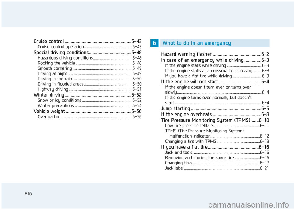 Hyundai Creta 2016  Owners Manual F16F16Cruise control .......................................................5-43
Cruise control operation................................................5-43
Special driving conditions ...............